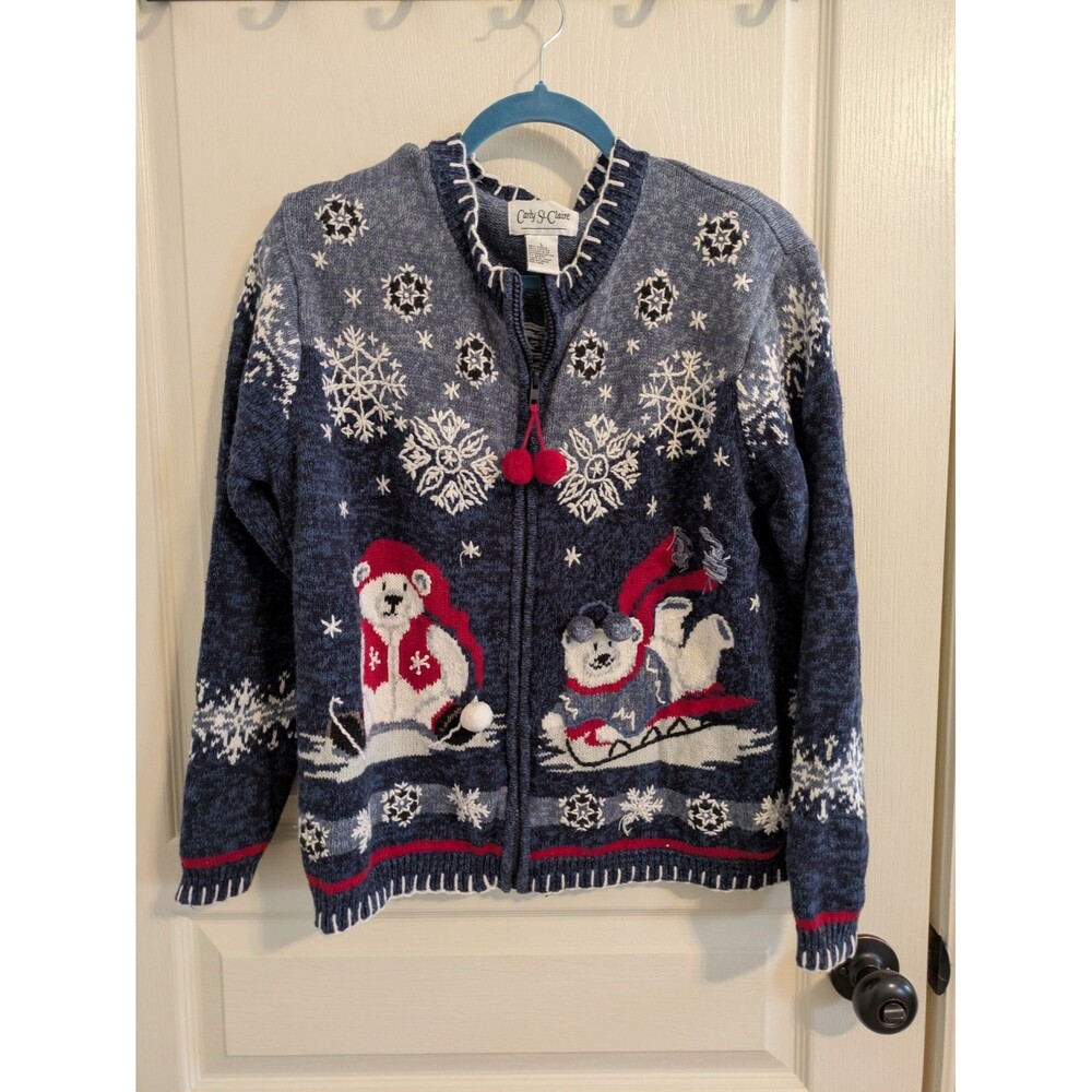 Vintage Christmas Knitted Cardigan Zip Up Sweater Carly St. Claire Size Large